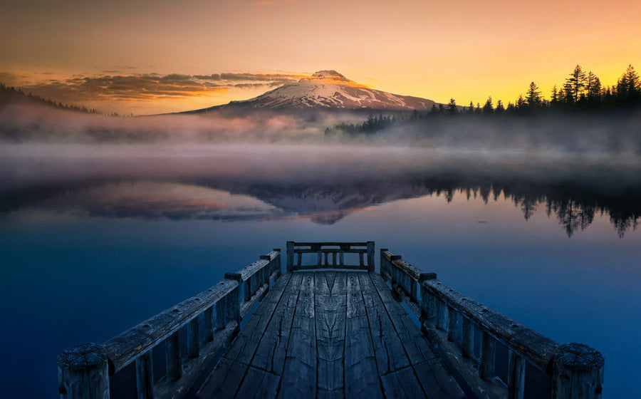 Misty Mountain Lake Pier archival giclée print by Larry Deng