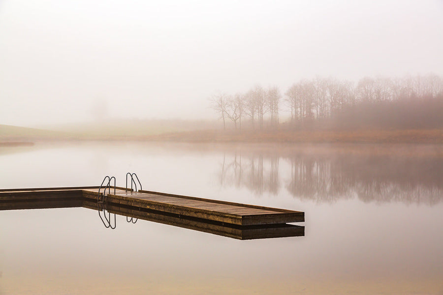 Misty Morning Lake Dock archival giclée print by Leif L├╕ndal