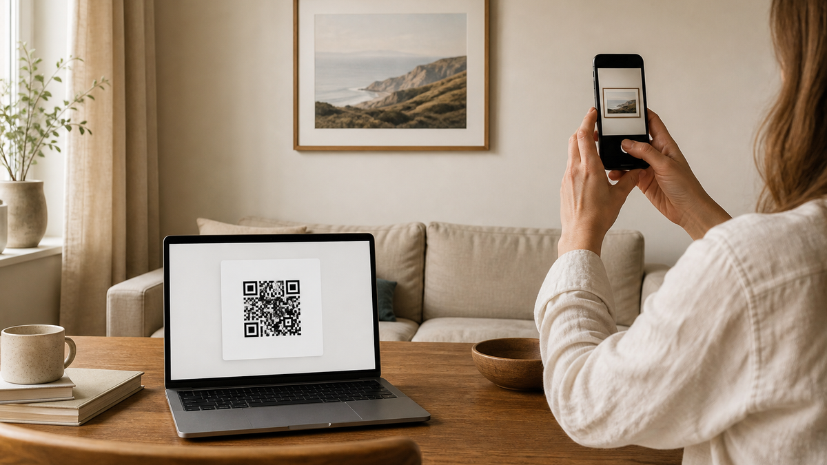 Scanning a View in your room QR code on a laptop, then placing a framed print on a wall with a phone
