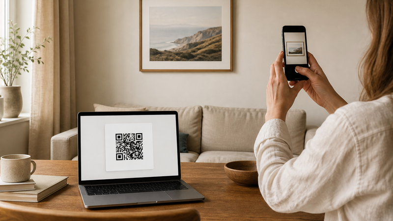 Scanning a View in your room QR code on a laptop, then placing a framed print on a wall with a phone