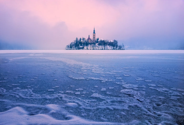 Winter Lake Bled Island archival giclée print by Ales Komovec