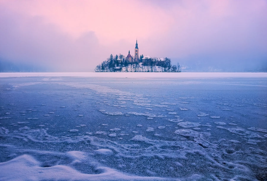 Winter Lake Bled Island archival giclée print by Ales Komovec