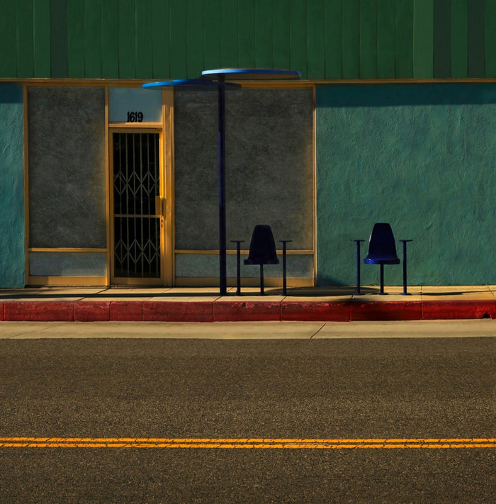 Blue Bus Stop Chair archival giclée print by Roxana Labagnara