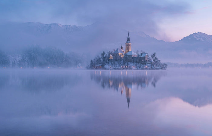 Winter Morning at Lake Bled archival giclée print by Ales Krivec