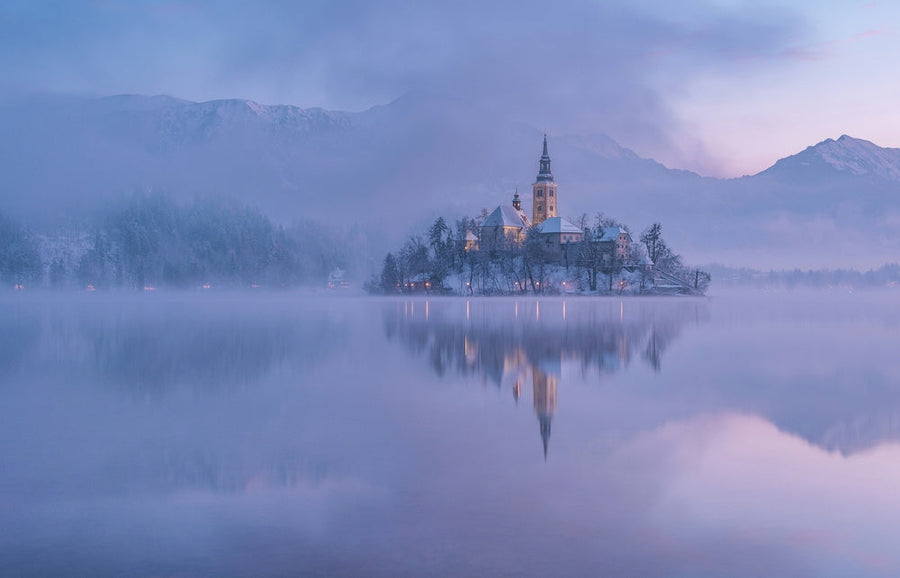 Winter Morning at Lake Bled archival giclée print by Ales Krivec