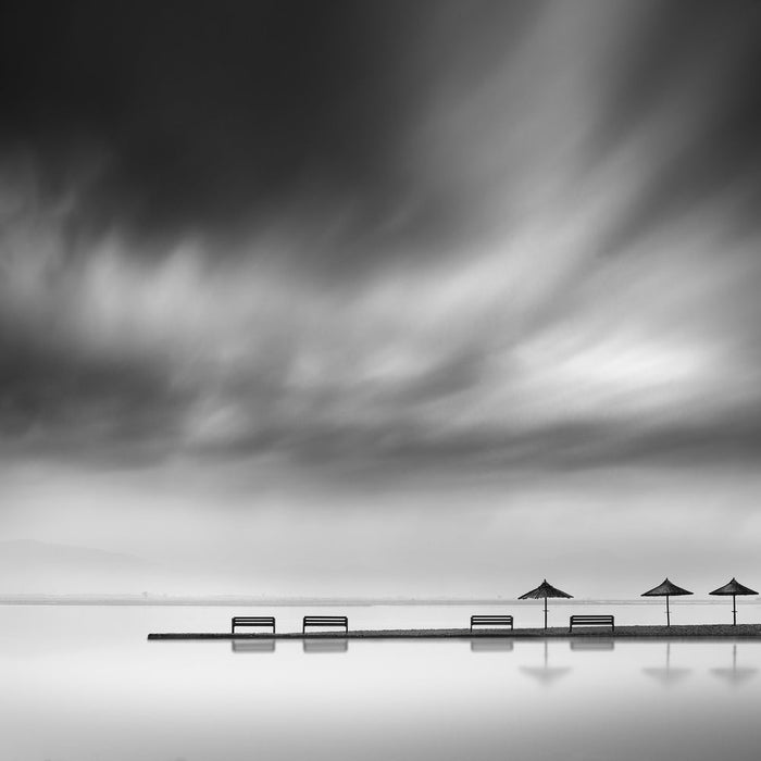 Four benches and three Umbrellas archival giclée print by George Digalakis