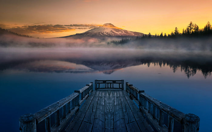 Misty Mountain Lake Pier archival giclée print by Larry Deng