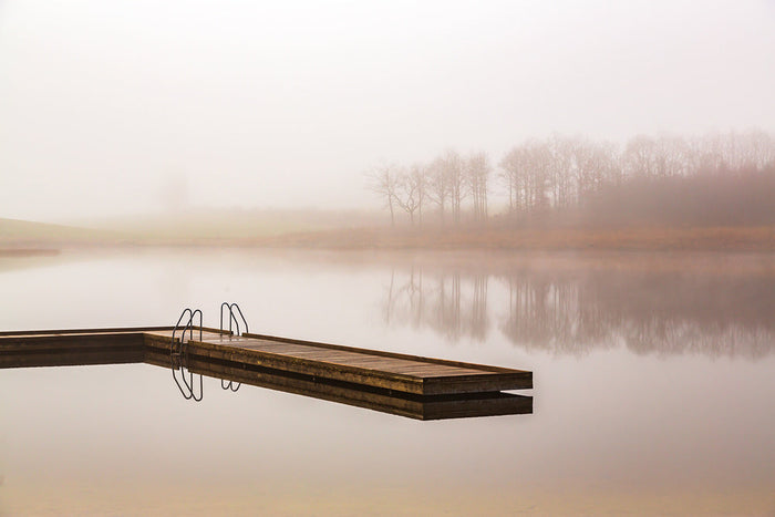 Misty Morning Lake Dock archival giclée print by Leif L├╕ndal