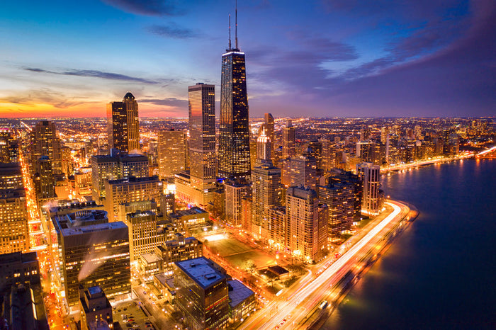 Vibrant Chicago Twilight archival giclée print by Michael Zheng