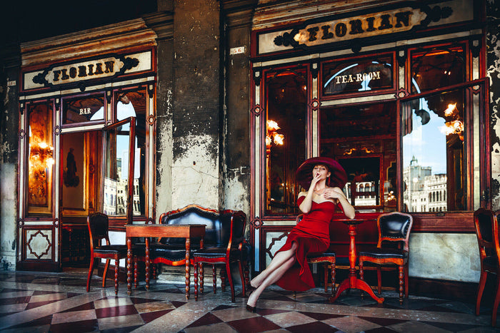 Red dress Cafe Elegance archival giclée print by Ruslan Bolgov