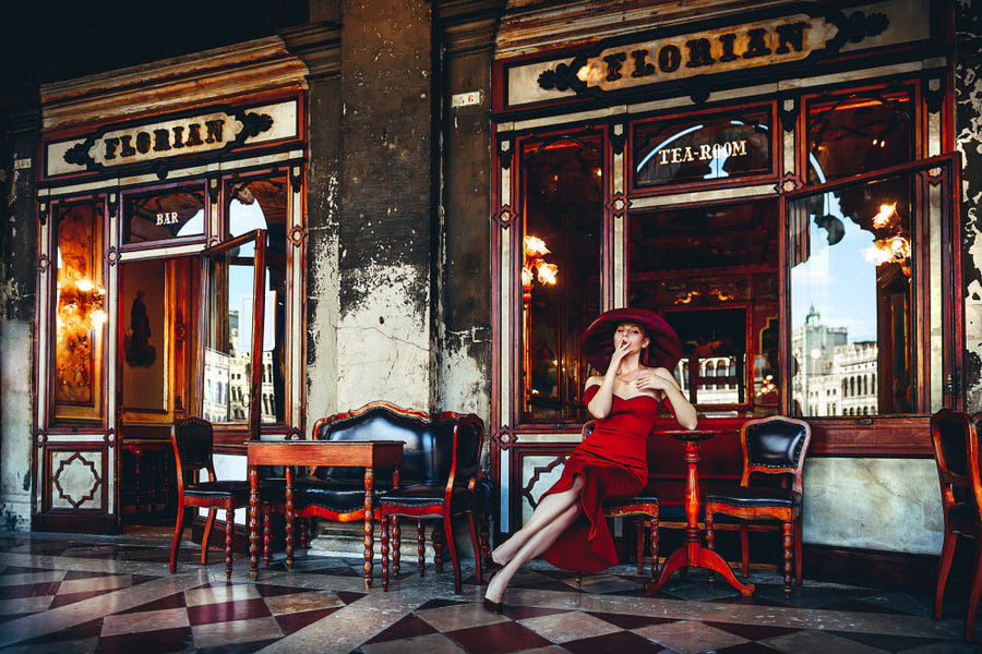 Red dress Cafe Elegance archival giclée print by Ruslan Bolgov